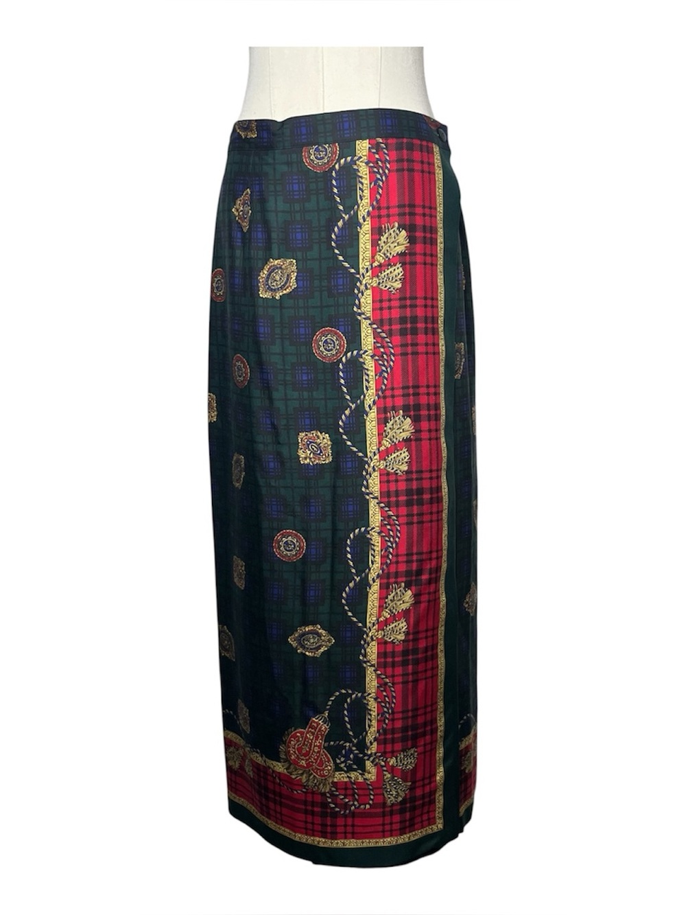 90s Vintage Talbots Green Baroque Plaid Print 100% Silk Wrap Column Maxi Skirt